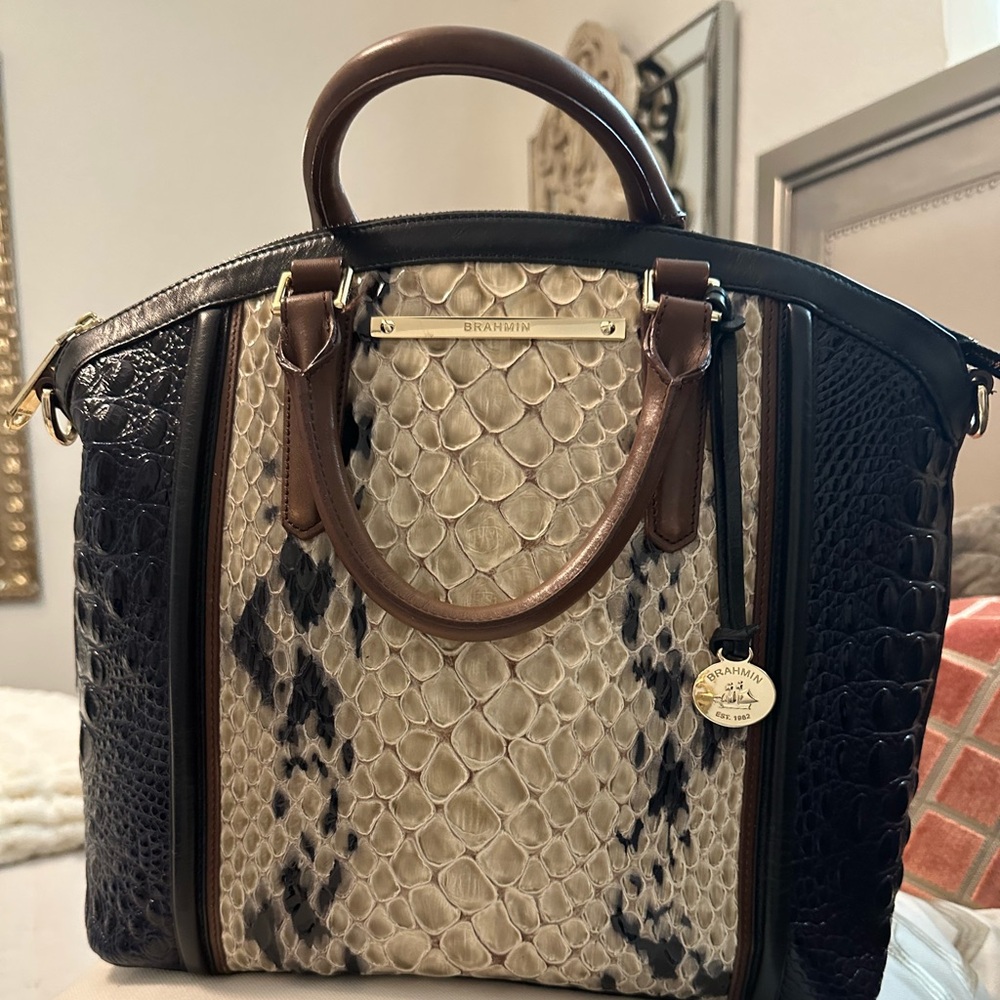 Brahmin Black and Cream Textured Satchel